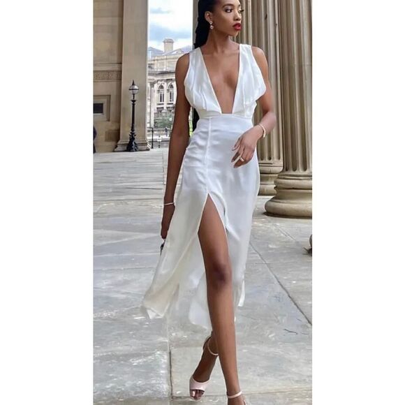 Silk Maison Washable Silk Plunging V-Neck High Slit Maxi MIDI Dress Cream XS New - Picture 2 of 15